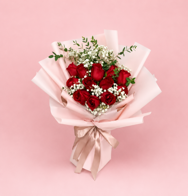 Red Rose Baby's Breath Bouquet with Fresh Red Roses
