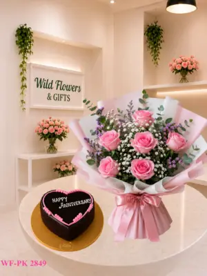 Pink Rose Cake Dubai with pink rose bouquet and 500g customized heart cake Pink Rose Cake Dubai with pink rose bouquet and 500g customized heart cake