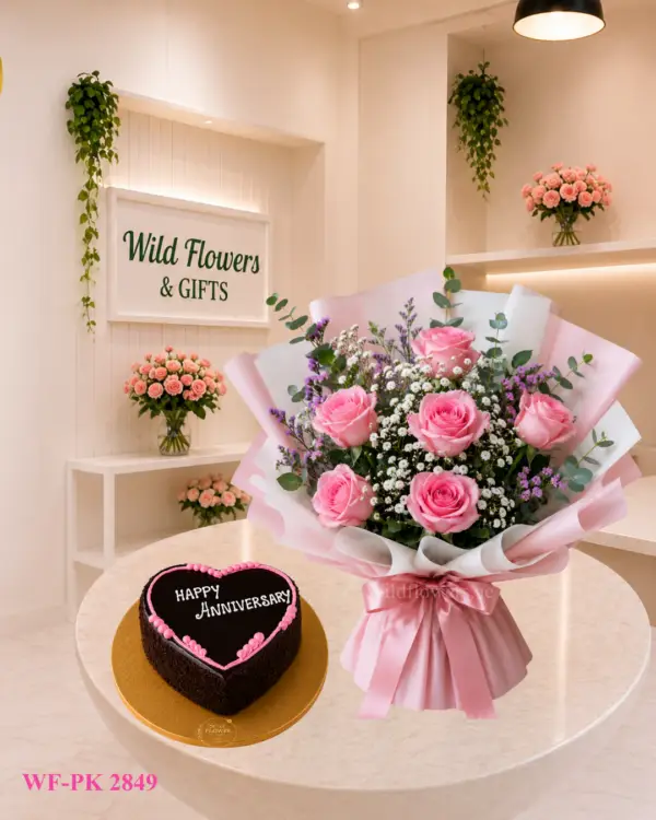 Pink Rose Cake Dubai with pink rose bouquet and 500g customized heart cake Pink Rose Cake Dubai with pink rose bouquet and 500g customized heart cake