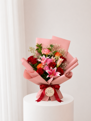 Ruby Lily Bouquet with pink lilies red roses and blush wrapping