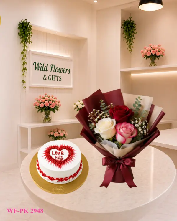 Rose Cake Gift Dubai with red white pink roses and 500g customized cake