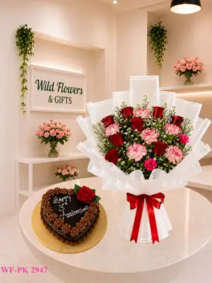Romantic Flower Cake Dubai with red pink bouquet and 500g customized heart cake Romantic Flower Cake Dubai with red pink bouquet and 500g customized heart cake