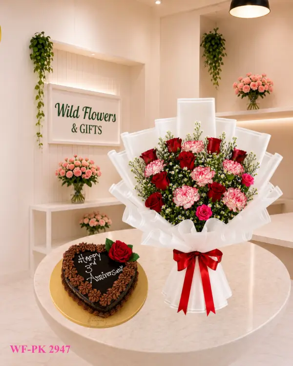 Romantic Flower Cake Dubai with red pink bouquet and 500g customized heart cake
