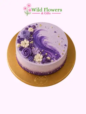 Lavender purple celebration cake with artistic swirls and floral decorations Lavender purple celebration cake with artistic swirls and floral decorations