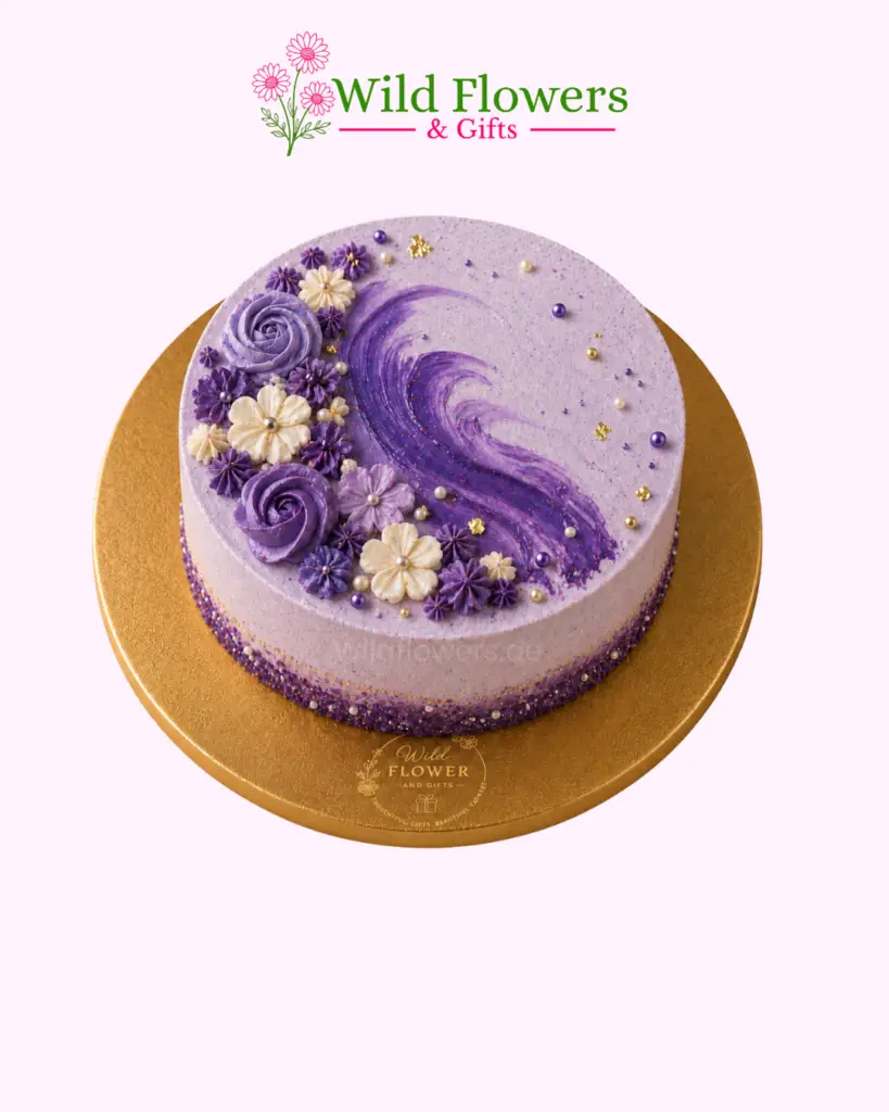 Lavender purple celebration cake with artistic swirls and floral decorations