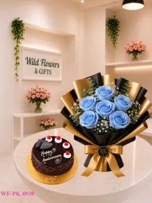 Blue Rose Cake Dubai with blue rose bouquet and 500g customized cake Blue Rose Cake Dubai with blue rose bouquet and 500g customized cake