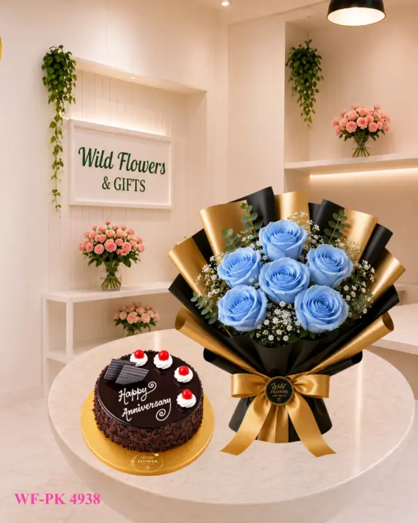 Blue Rose Cake Dubai with blue rose bouquet and 500g customized cake