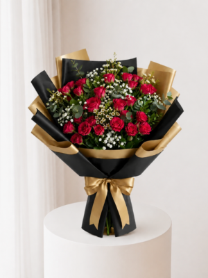 Scarlet Rose Bouquet Dubai with red roses in black and gold wrapping Scarlet Rose Bouquet Dubai with red roses in black and gold wrapping