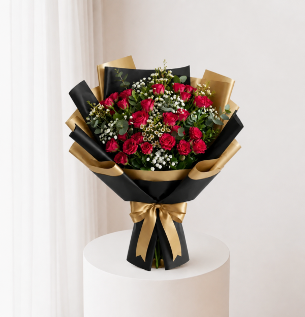 Scarlet Rose Bouquet Dubai with red roses in black and gold wrapping