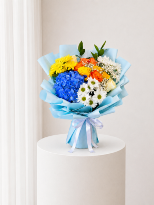 Blue Sunshine Bouquet with blue hydrangea yellow and white flowers Blue Sunshine Bouquet with blue hydrangea yellow and white flowers