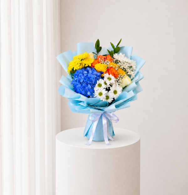Blue Sunshine Bouquet with blue hydrangea yellow and white flowers Blue Sunshine Bouquet with blue hydrangea yellow and white flowers