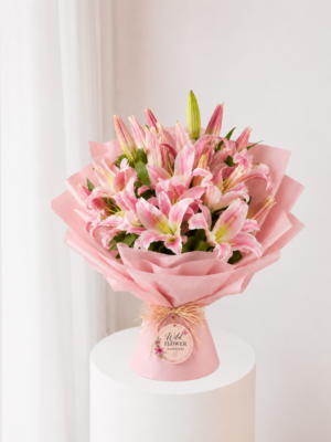 Pink Lily Bouquet with fresh pink lilies and elegant pink wrapping Pink Lily Bouquet with fresh pink lilies and elegant pink wrapping