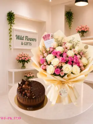 Blush Bouquet Cake Dubai with pink cream flowers and 500g customized chocolate cake Blush Bouquet Cake Dubai with pink cream flowers and 500g customized chocolate cake