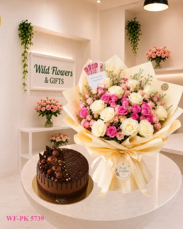 Blush Bouquet Cake Dubai with pink cream flowers and 500g customized chocolate cake Blush Bouquet Cake Dubai with pink cream flowers and 500g customized chocolate cake