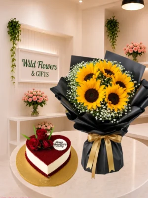 Sunflower Cake Gift Dubai with sunflower bouquet and 500g customized heart cake Sunflower Cake Gift Dubai with sunflower bouquet and 500g customized heart cake