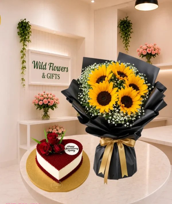 Sunflower Cake Gift Dubai with sunflower bouquet and 500g customized heart cake