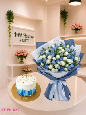 Blue Rose Cake Dubai with blue and white rose bouquet and 500g customized cake Blue Rose Cake Dubai with blue and white rose bouquet and 500g customized cake