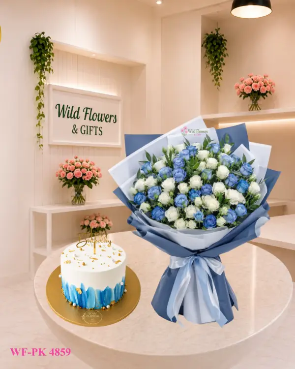 Blue Rose Cake Dubai with blue and white rose bouquet and 500g customized cake