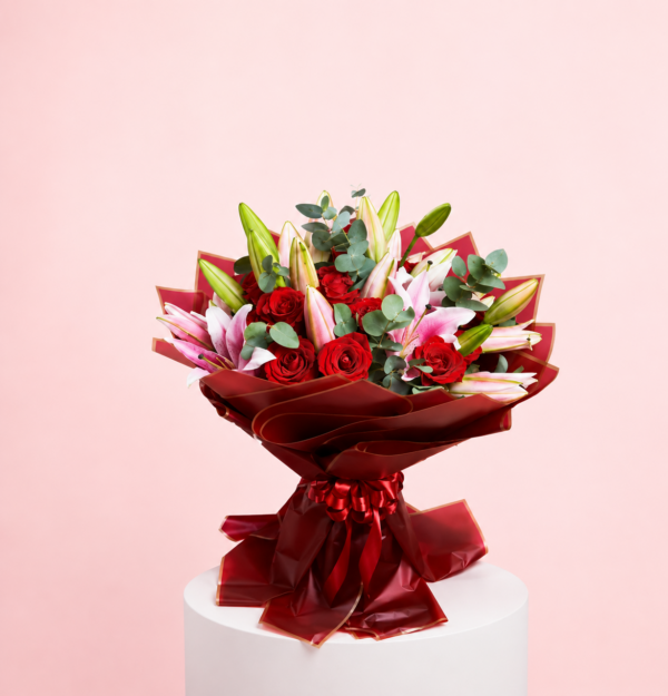 Red Rose Pink Lily Bouquet with Fresh Flowers