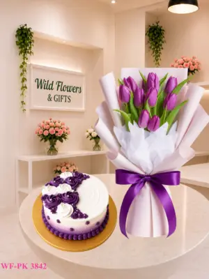 Purple Tulip Gift Dubai with purple tulip bouquet and 500g customized cake Purple Tulip Gift Dubai with purple tulip bouquet and 500g customized cake