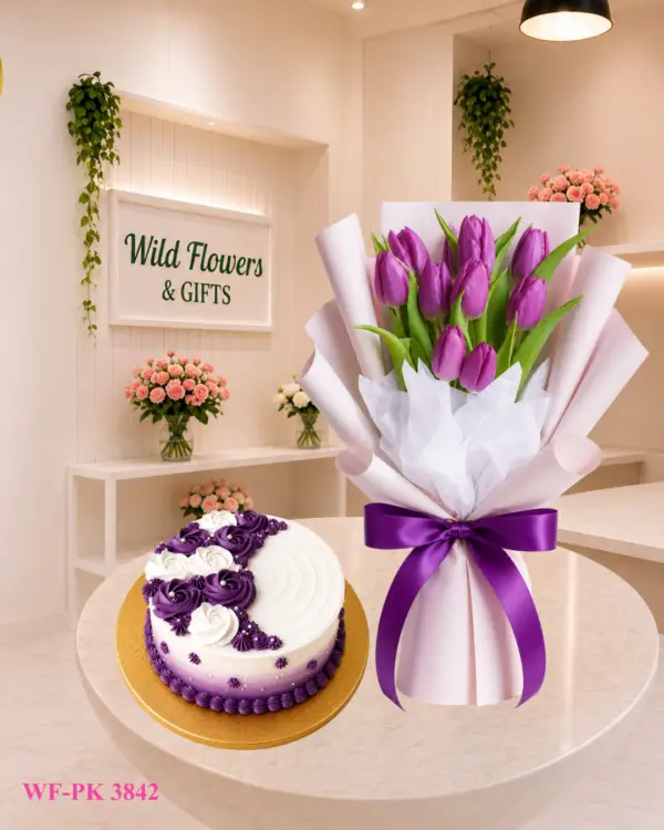 Purple Tulip Gift Dubai with purple tulip bouquet and 500g customized cake Purple Tulip Gift Dubai with purple tulip bouquet and 500g customized cake