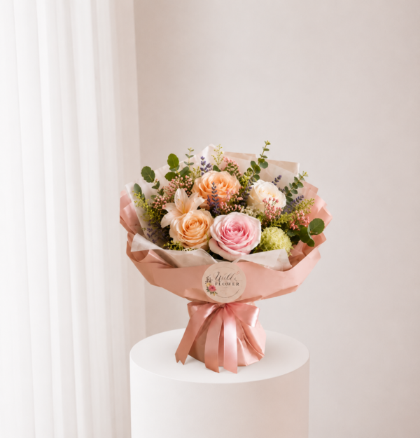 Peach Garden Bouquet with peach blush flowers and fresh greenery