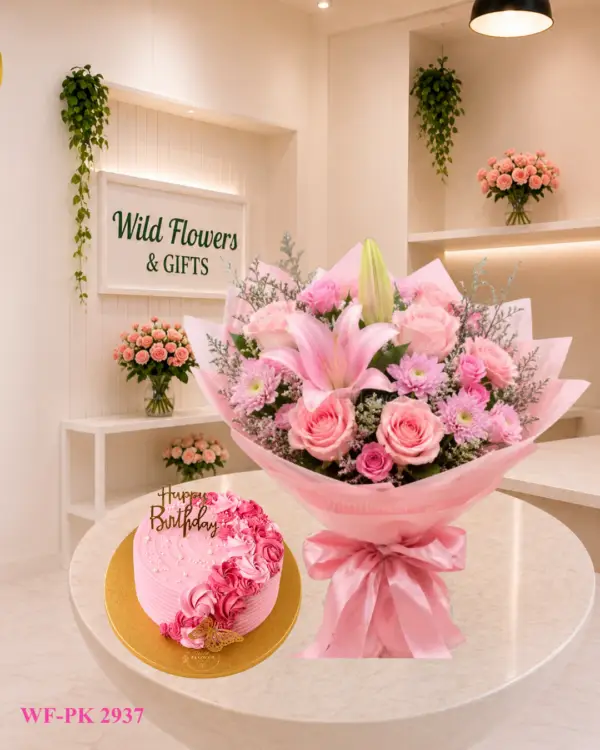 Pink Lily Cake Dubai with pink lilies roses and 500g customized birthday cake