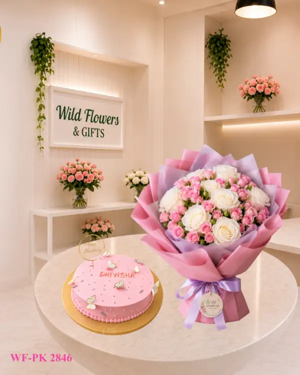 Pink Celebration Duo with flower bouquet and celebration cake