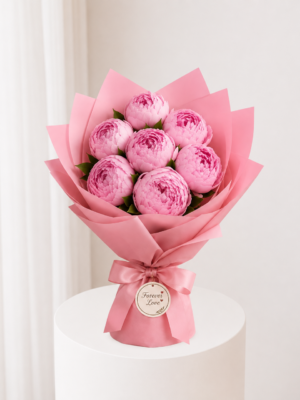 Pink Peony Bouquet with fresh pink peonies and elegant pink wrapping