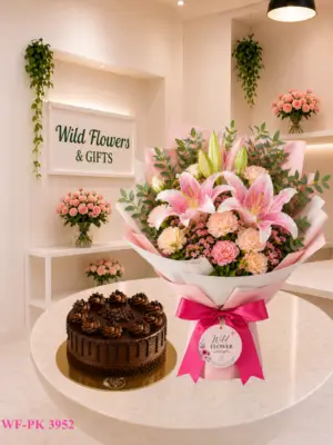 Lily Chocolate Duo pink lily bouquet with chocolate cake Lily Chocolate Duo pink lily bouquet with chocolate cake