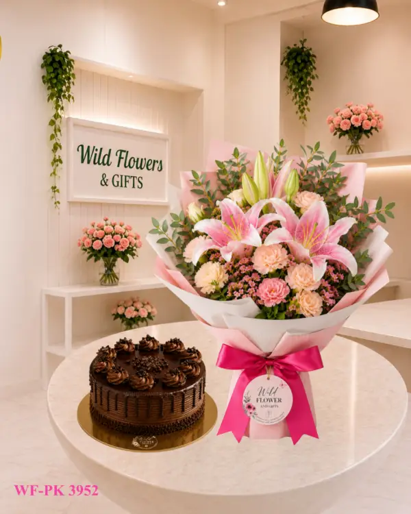 Lily Chocolate Duo pink lily bouquet with chocolate cake
