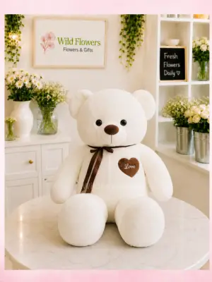 Ivory Heart Teddy with brown ribbon plush gift