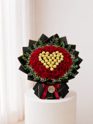 Rose Chocolate Heart red roses with gold wrapped chocolates
