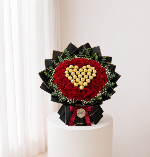 Rose Chocolate Heart red roses with gold wrapped chocolates Rose Chocolate Heart red roses with gold wrapped chocolates
