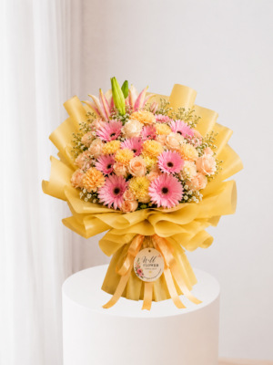 Sunny Gerbera Bouquet with pink gerberas and pastel mixed flowers