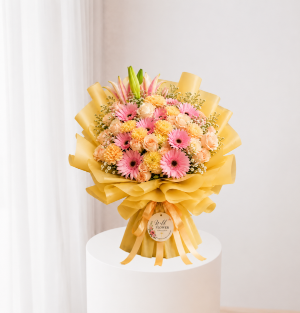 Sunny Gerbera Bouquet with pink gerberas and pastel mixed flowers
