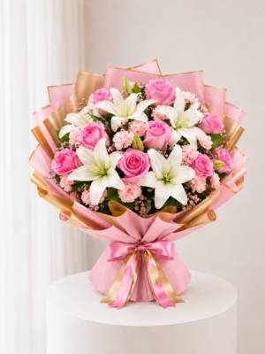 Blush Lily Bouquet with pink lilies roses and white flowers Blush Lily Bouquet with pink lilies roses and white flowers
