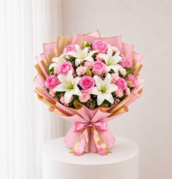 Blush Lily Bouquet with pink lilies roses and white flowers Blush Lily Bouquet with pink lilies roses and white flowers
