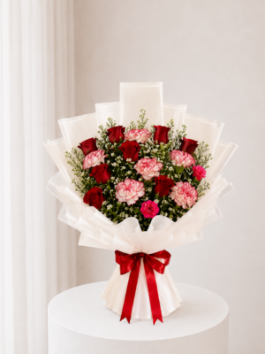 Crimson Blush Bouquet red roses pink flowers and white wrapping Crimson Blush Bouquet red roses pink flowers and white wrapping