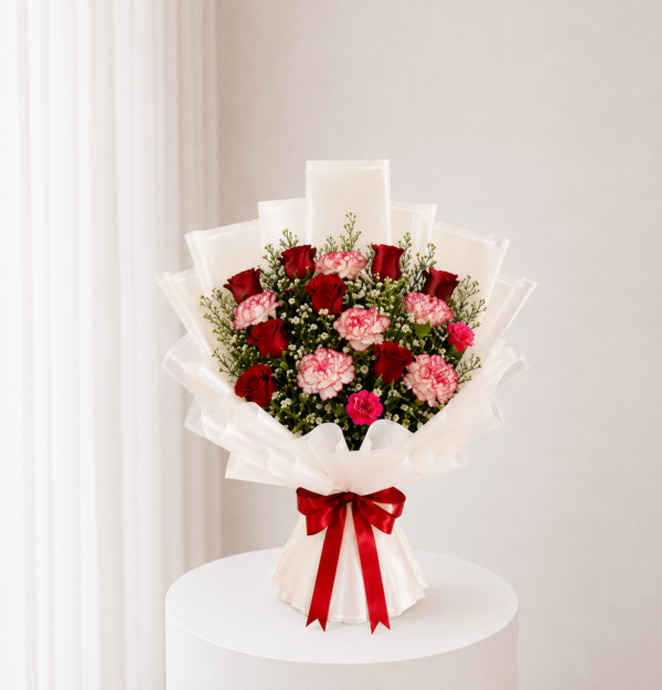 Crimson Blush Bouquet red roses pink flowers and white wrapping Crimson Blush Bouquet red roses pink flowers and white wrapping
