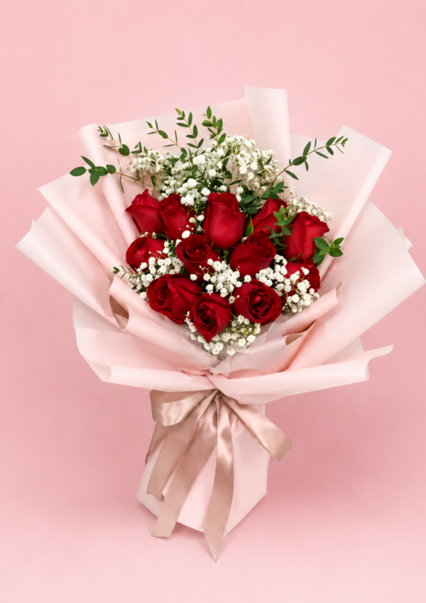 Red Rose Baby's Breath Bouquet