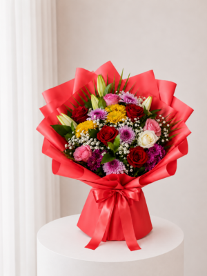 Red Mixed Bouquet with colorful fresh flowers and red wrapping