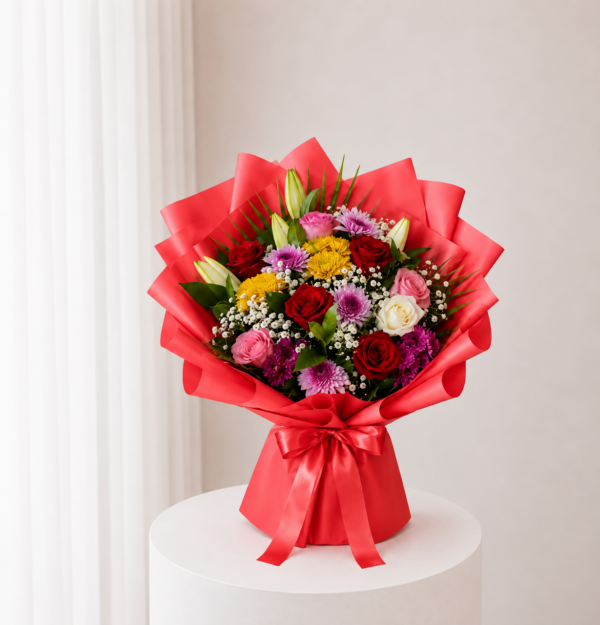 Red Mixed Bouquet with colorful fresh flowers and red wrapping Red Mixed Bouquet with colorful fresh flowers and red wrapping