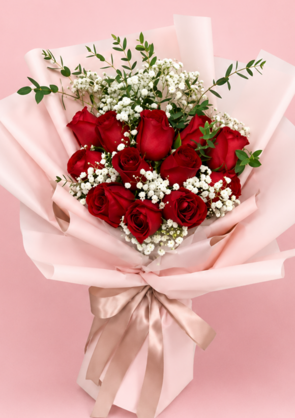 Red Rose Baby's Breath Bouquet