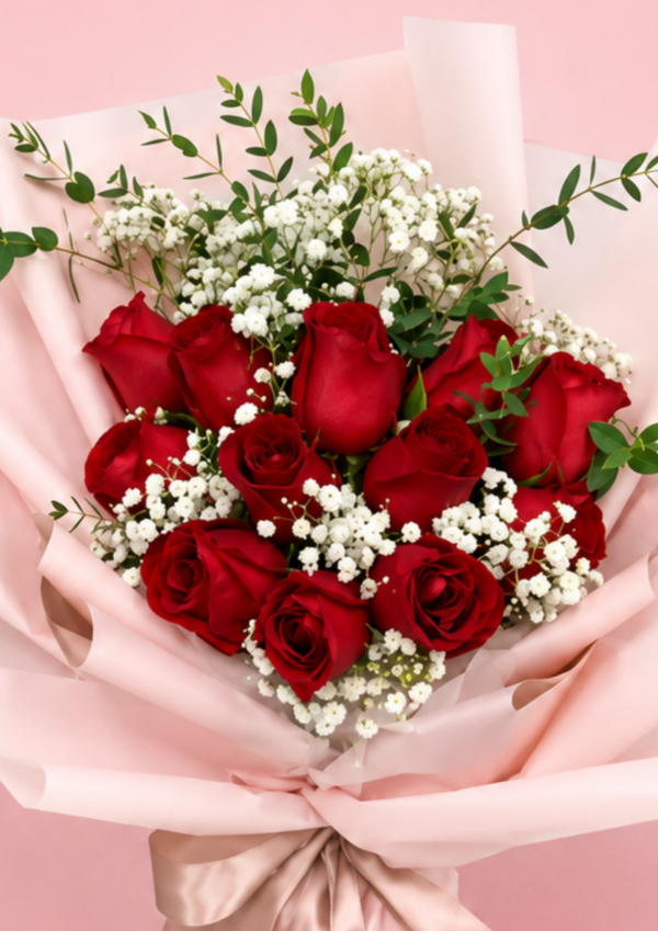 Red Rose Baby's Breath Bouquet