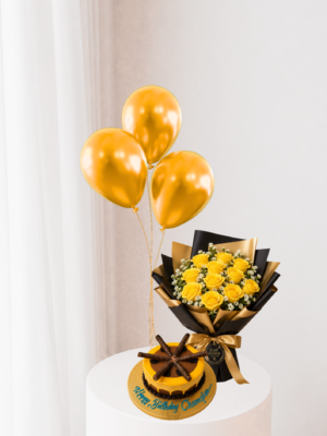 Birthday Gift Combo Dubai with yellow roses gold balloons and 500g customized cake Birthday Gift Combo Dubai with yellow roses gold balloons and 500g customized cake