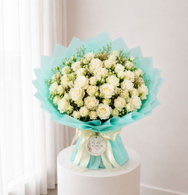 Mint Rose Bouquet with fresh white roses delicate flowers and mint wrapping