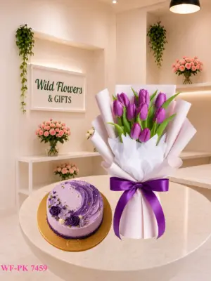 Purple Tulip Cake Gift with purple tulip bouquet and 500g customized cake Purple Tulip Cake Gift with purple tulip bouquet and 500g customized cake