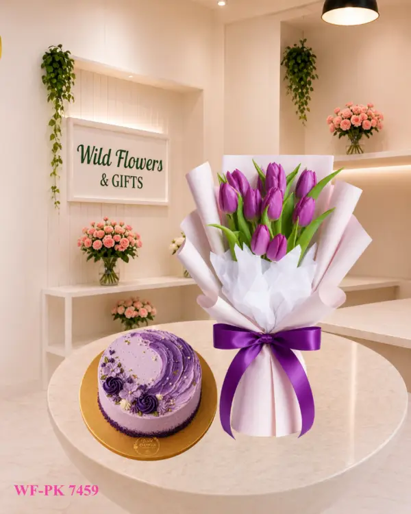 Purple Tulip Cake Gift with purple tulip bouquet and 500g customized cake