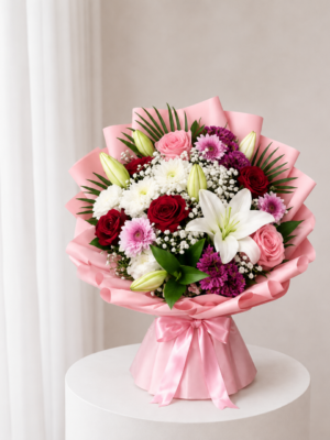 Lily Rose Bouquet with white lilies red roses and pink flowers